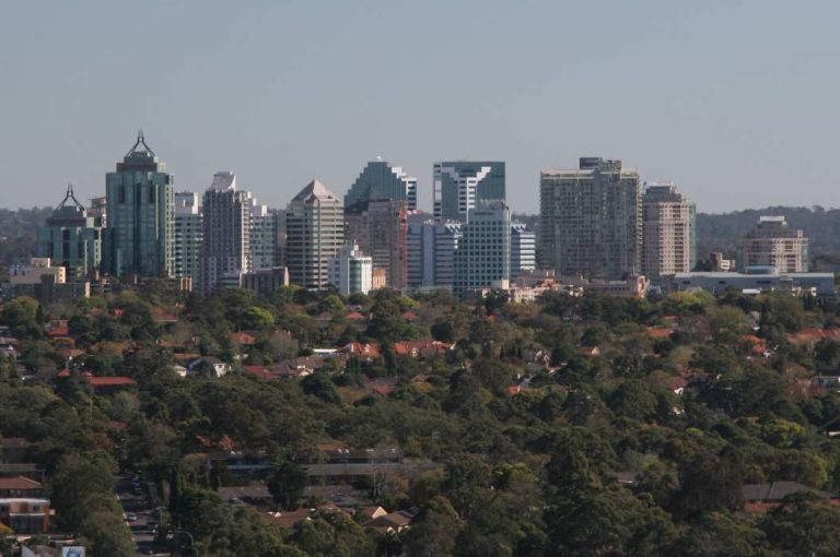 Skyline of Chatswood, New South Wales, with a mix of high-rise buildings and green residential areas