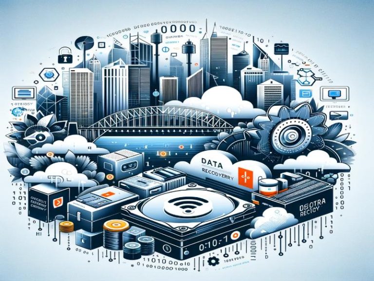 Graphic for blog post, combining Sydney landmarks with data recovery icons like hard drives and binary code, in a tech-inspired color scheme
