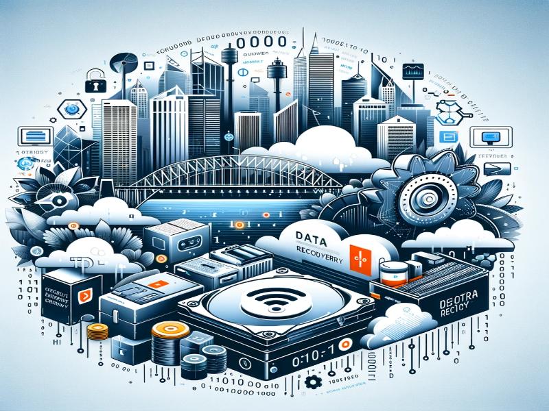 Graphic for blog post, combining Sydney landmarks with data recovery icons like hard drives and binary code, in a tech-inspired color scheme
