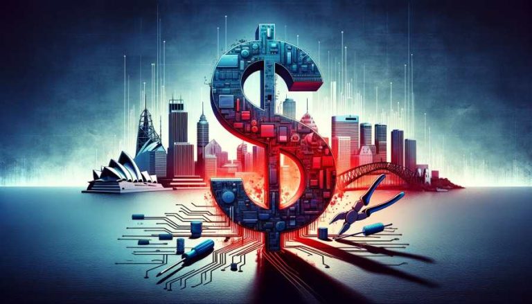 Abstract concept of costly computer repairs in Sydney 2024 with a dollar sign and skyline