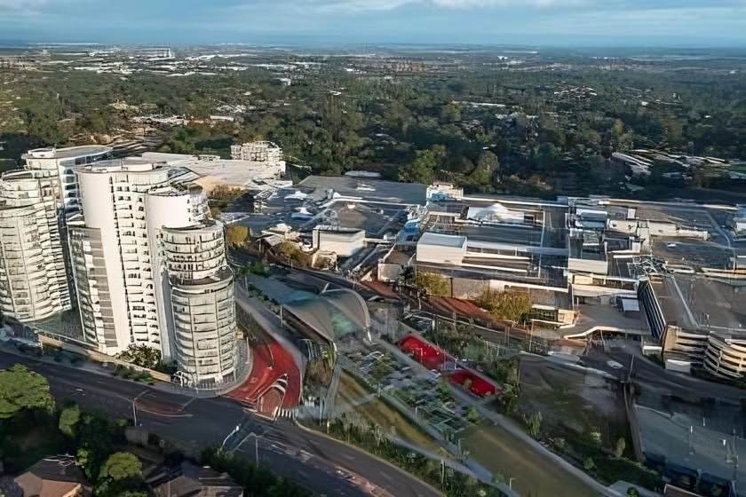 Aerial view of Castle Hill, NSW 2154, with modern buildings and clear skies
